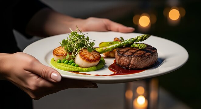 Grilled Steak and Seared Scallops Dinner Plate, Gourmet Food Photography, Restaurant Menu