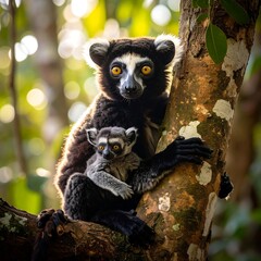 Obraz premium A lemur mother and baby in a tree