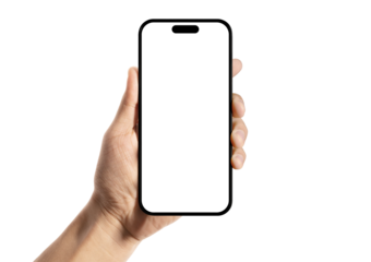 Hand holding smartphone mockup with blank white screen isolated on white background for mobile phone ui app or website design in hands front view.