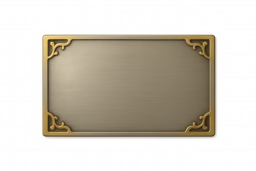 Ornate golden frame decorating brushed metal plate, featuring intricate corner details and transparent background for sophisticated design enhancement