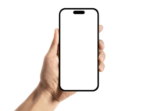 Hand holding smartphone mockup with blank white screen isolated on white background for mobile phone ui app or website design in hands front view.