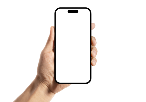 Hand holding smartphone mockup with blank white screen isolated on white background for mobile phone ui app or website design in hands front view.