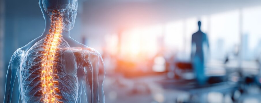 Physical Therapy Month awareness event. A futuristic representation of the human spine highlighting its structure in a modern healthcare setting, merging technology and biology.