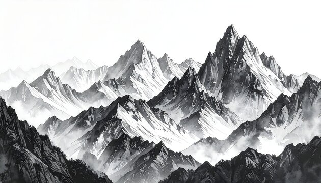 Monochrome mountain range, snow-capped peaks