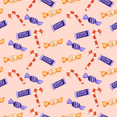 Watercolor Seamless Pattern of Halloween Candy on Pastel Background. Suitable for wallpaper, packaging.