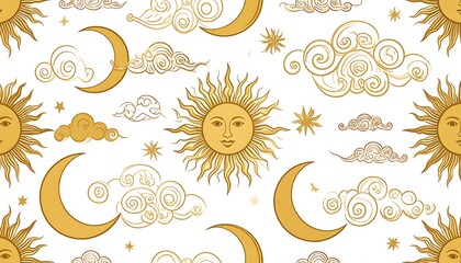 Harmonious pattern of stylized suns, moons, clouds, and stars in a celestial theme