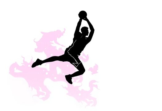 Black silhouette of a basketball player in a dynamic pose, line art style, drawing, clean