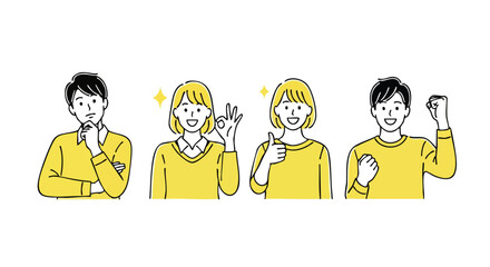 Creative team brainstorming solutions and celebrating success in minimalist line art style