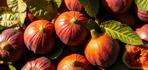 Fototapeta premium Sun-drenched ripe figs, plump and juicy, overhead shot, delicious, vibrant