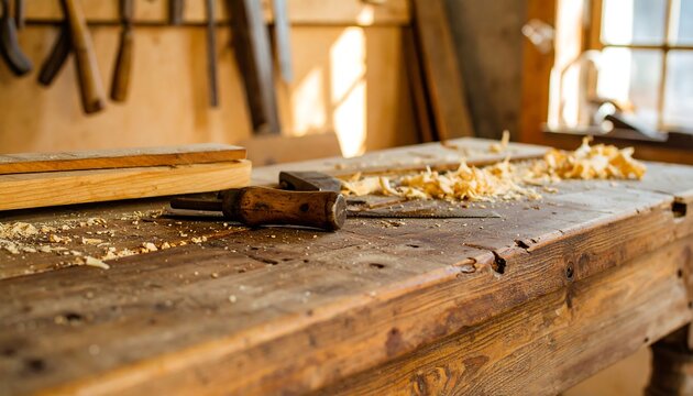 Wooden workbench cluttered with tools and sawdust - Powered by Adobe