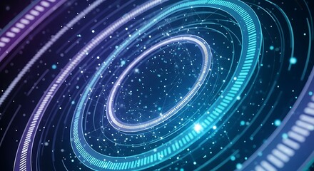 Abstract technology background with glowing circles and lines, data stream concept