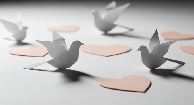 Paper Origami Birds and Hearts Valentines Day, Wedding, Anniversary, Love Concept