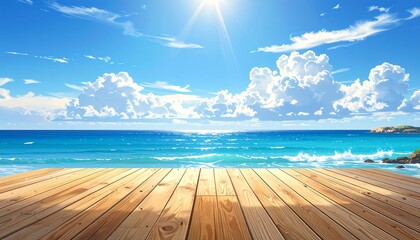 Fototapeta premium Idyllic Seaside View with Wooden Dock Under Sunny Skies and Billowy Clouds