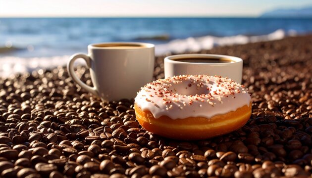 Coffee Beans, Donut And A Cup Of Coffee.