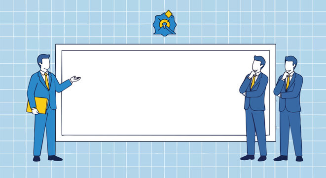 Business professionals strategizing ideas around a blank whiteboard in modern meeting room