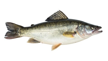 Fototapeta premium Single whole fish, side profile, light gray/green scales, dark fins, open mouth