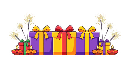 Colorful gift boxes and sparklers, festive Diwali decorations.