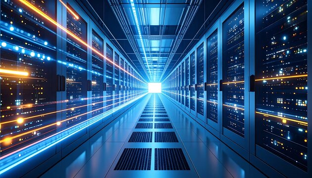 A futuristic hallway lined with glowing server racks and data streams leading towards bright light