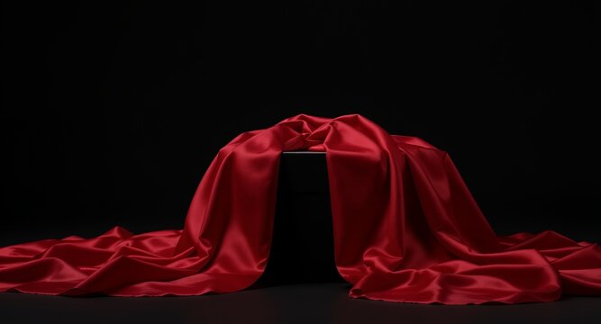 Red silk fabric draped over a black box on a dark background, elegant product display, luxurious textile texture, fashion photography backdrop