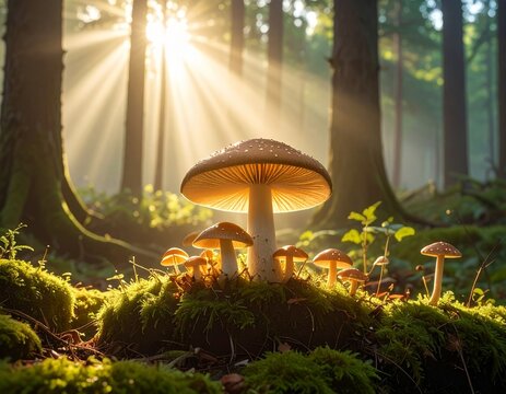 Magical mushrooms glowing in the morning sunbeams of an enchanted forest