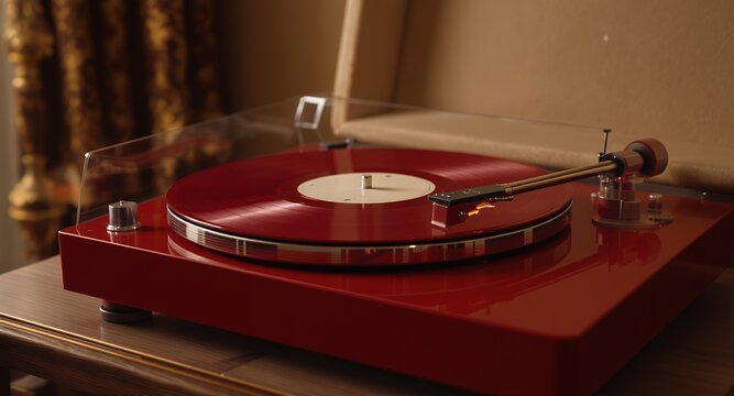 Red Vinyl Record Player on Wooden Table, Close-up Shot of Turntable with Dust Cover