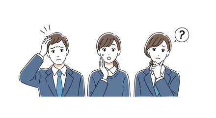 Confused business people expressing doubt and uncertainty in office settings