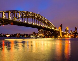 Fototapeta premium Sydney Harbour Bridge at dawn. City skyline reflected in water