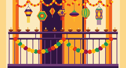 A festive balcony adorned with traditional hanging lanterns, glowing diyas, and colorful flower garlands for a celebration.