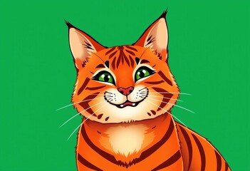 Fototapeta premium Smiling red tiger cat with emerald green background, whimsical kawaii style , kitten, fantasy