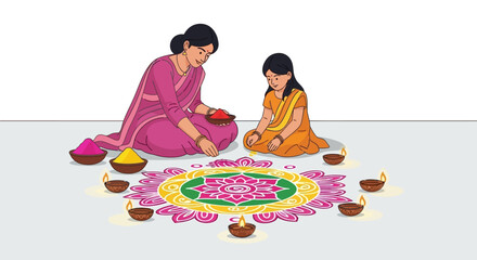 Mother and daughter creating a vibrant Rangoli design with colorful powders and diyas for Diwali.
