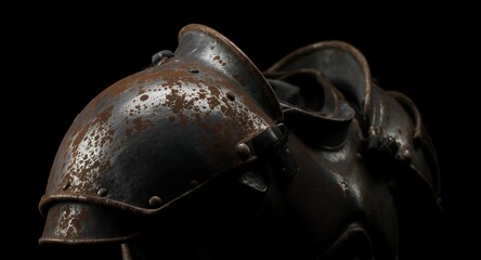 Rustic Metal Armor Close-up of Weathered Ancient Protective Gear with Dark Background