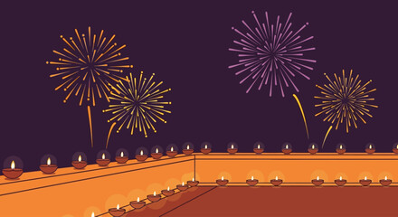 Festive night sky illuminated by colorful fireworks bursting above a long, decorative wall lined with numerous glowing oil lamps, creating a celebratory atmosphere.