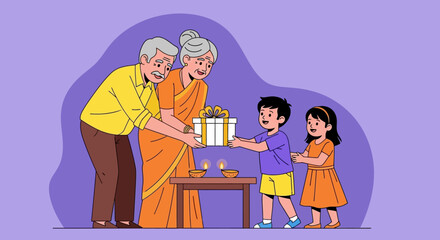 Grandparents giving a gift to grandchildren during a cultural celebration.