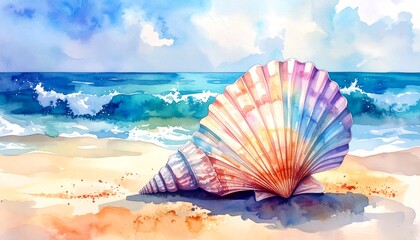Watercolor seashell on sandy beach, vibrant colors, ocean waves