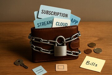 Subscription expenses concept with locked wallet and digital service cards