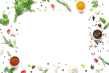 Frame made of fresh herbs and different spices on white background