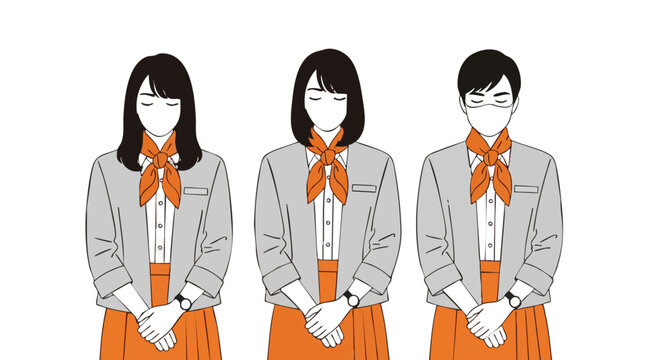 Professional team members in uniform showing respect and readiness for service in modern business setting