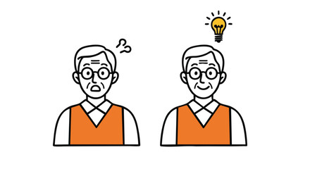 Overwhelmed mature man finds bright idea, feeling inspired and creative with solution