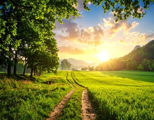 Fototapeta premium Idyllic rural landscape bathed in golden sunlight during the serene sunrise