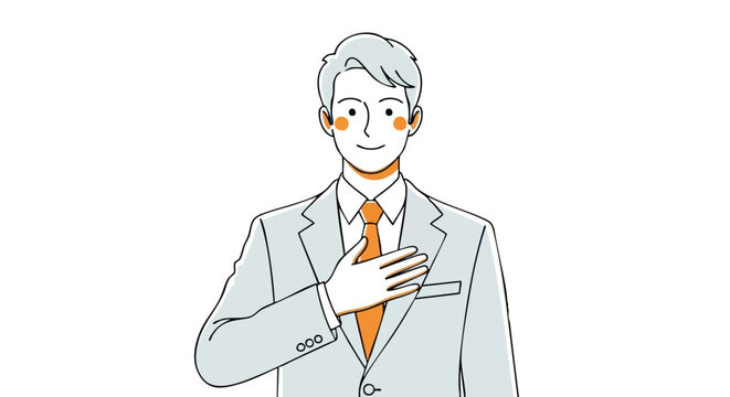 Confident businessman in suit places hand on chest expressing sincerity and trust