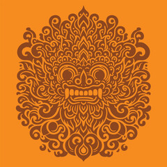 Intricate symmetrical tribal barong bali mask design with swirling patterns and fierce facial features in brown on orange background