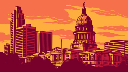 Austin skyline vector art with texas capitol building suitable for city guides, travel brochures, texasthemed designs, and postcards.
