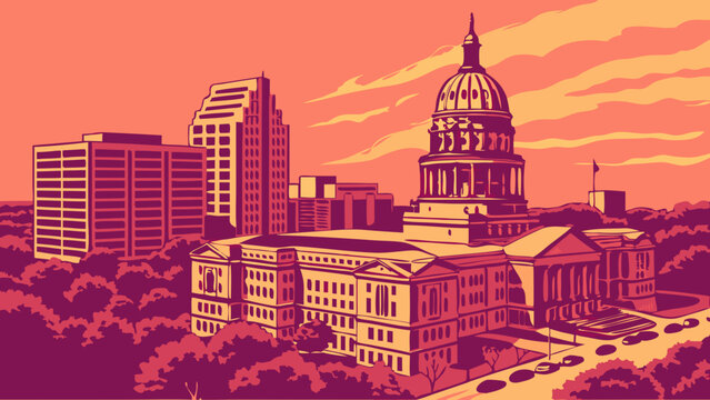 Austin skyline vector with the texas state capitol and cloudy skies, great for texasthemed designs and city illustrations.