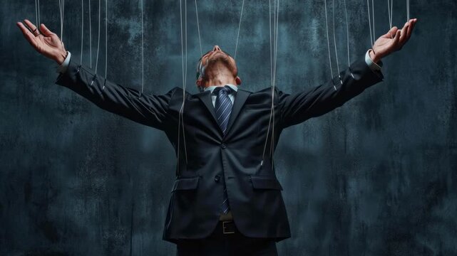 Man in formal attire standing confidently with arms outstretched in a shadowy environment pulling puppet strings