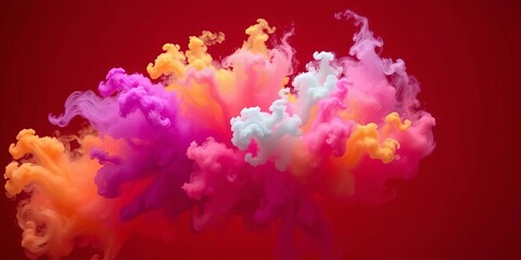 Fototapeta premium Vibrant multicolored smoke bursts against a deep red background, magical explosion effect, red background, magical effect