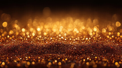 Naklejka premium Close up of glittering gold particles and bokeh lights on a surface, creating a warm shimmering texture that evokes luxury, celebration, and a festive mood in soft evening tones.