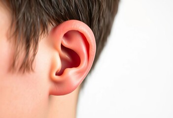 Close-up of hand inserting foam earplug into ear against white background, studio, ear