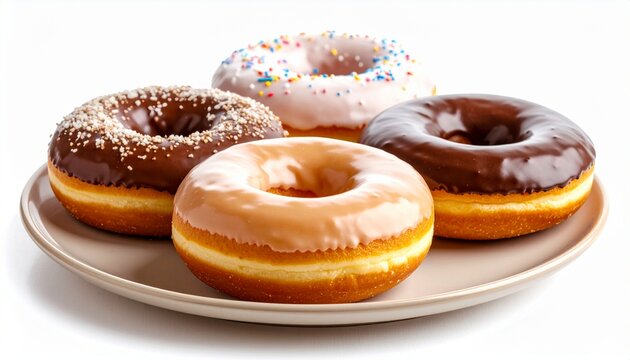 Closeup Of Three Delicious Donuts On A Ceramic Plate In Front Of An Isolated White Background