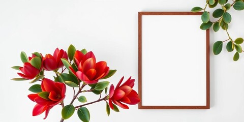 White wall, eucalyptus, portrait frame mockup, artwork display,  modern,  landscape
