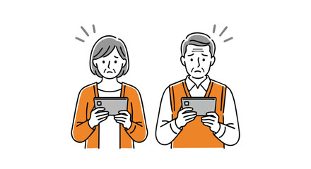 Worried senior couple struggling with digital device, seeking tech support or understanding.